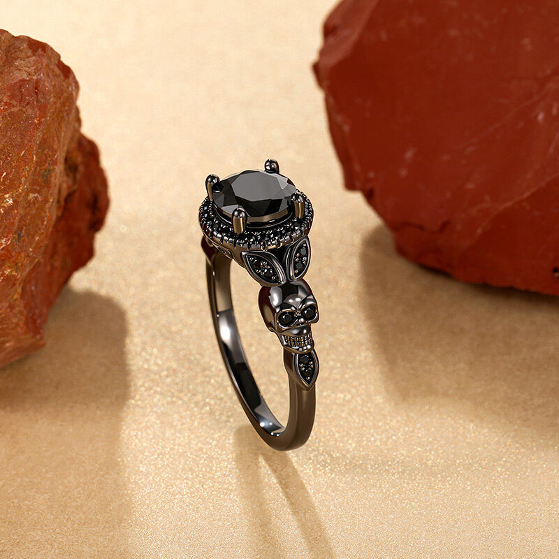 Jeulia Bague Crâne Noir Halo Coupe Ronde Gothique en Argent Sterling