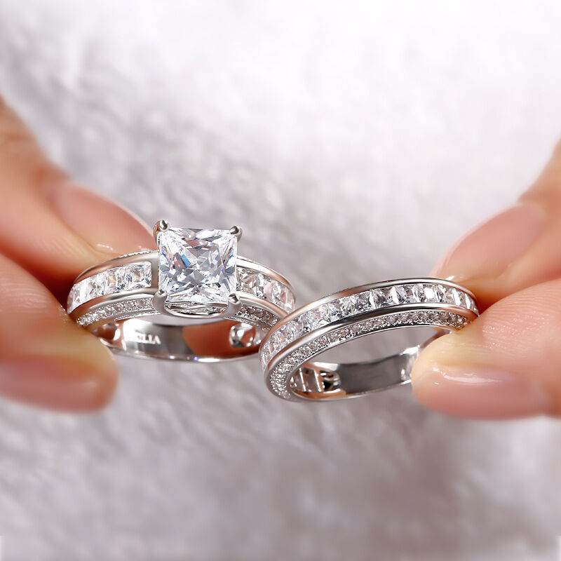 Jeulia Princess Cut Sterling Silver Women's Ring Set