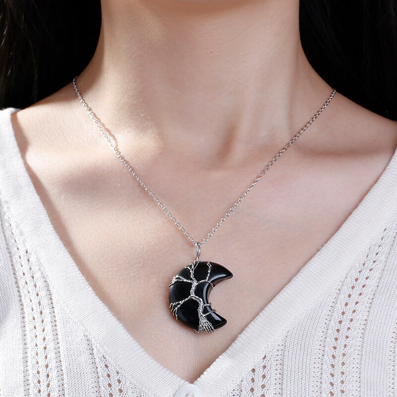 Jeulia "Spiritual Awakening" Winding Design Crescent Moon Natural Black Agate Necklace