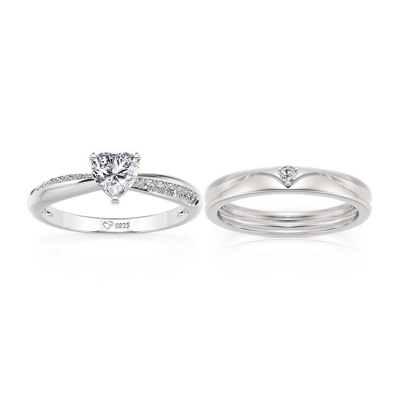 Jeulia Simple Solitaire Custom Couple Ring Set with Twist Heart Sterling Silver