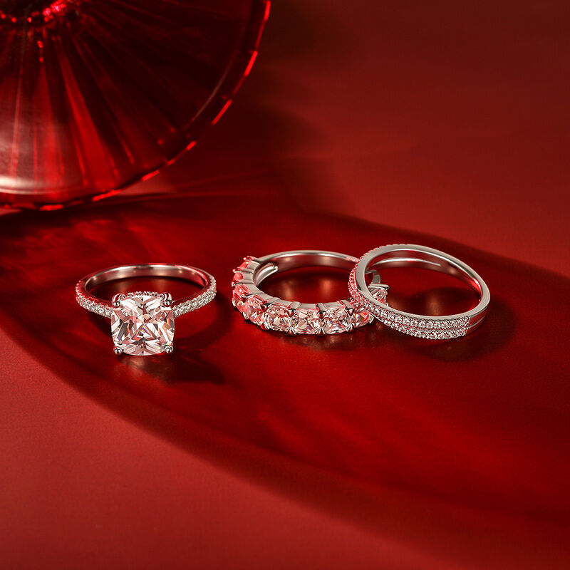 Jeulia Hidden Halo Glitter Radiant Cut Ring Set 3PCS