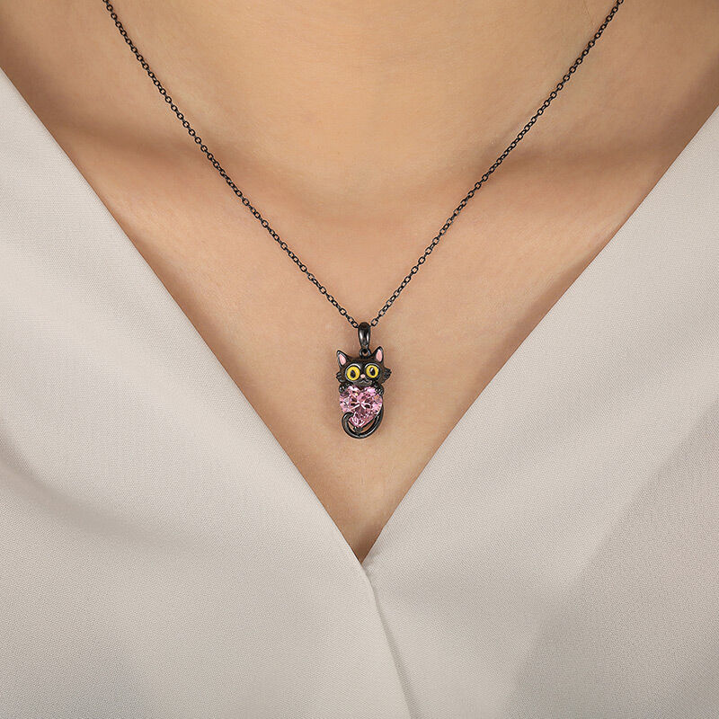 Jeulia Hug Me Custom Birthstone Black Cat Necklace
