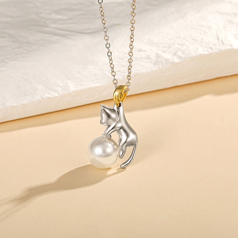 Jeulia Two Tone Pearl Cat Pendant Necklace Sterling Silver