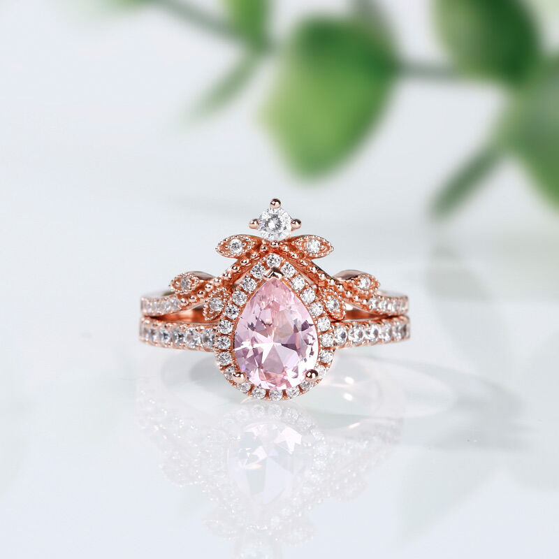 Jeulia Halo Pear Cut Synthetic Morganite Sterling Silver Ring Set