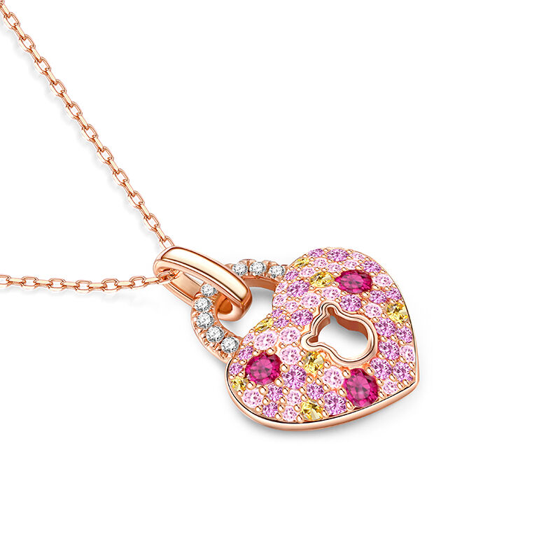 Jeulia Multi-color Heart Lock Bear Keyhole Sterling Silver Necklace