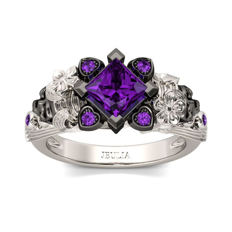 Jeulia Flower Design Princess Cut Sterling Silver Skull Ring