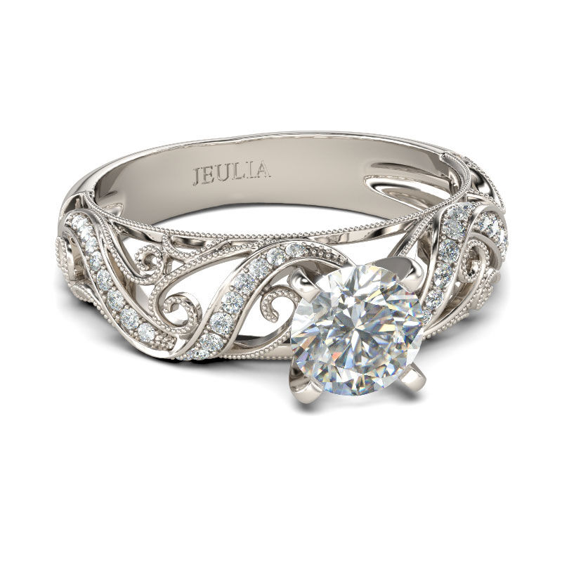 Jeulia Filigree Vines Round Cut Sterling Silver Ring
