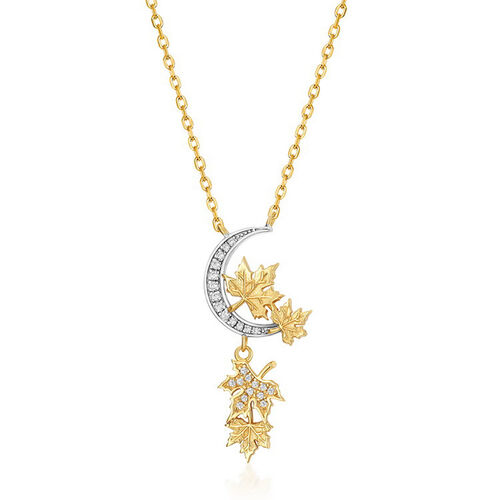 Jeulia "Night Romance" Moon & Maple Leaf Sterling Silver Necklace