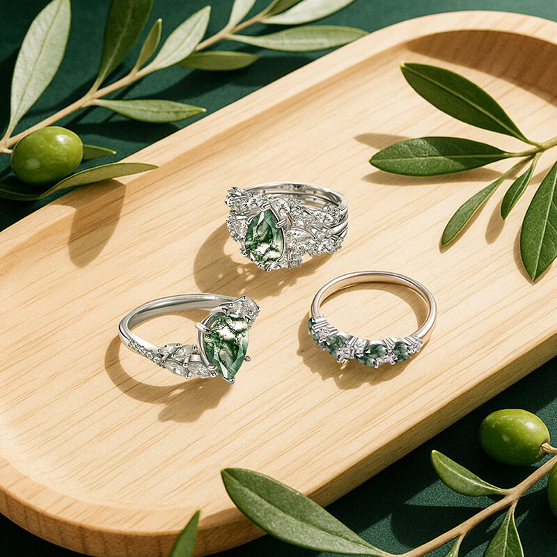 Jeulia Olivetta Juego de Anillos Corte Pera de Ágata Musgo