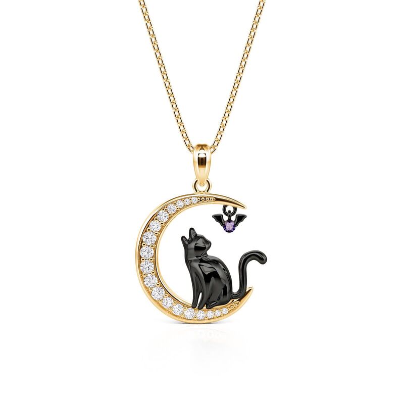 Jeulia Luna Astra Collar con Luna Gato Negro y Murciélago