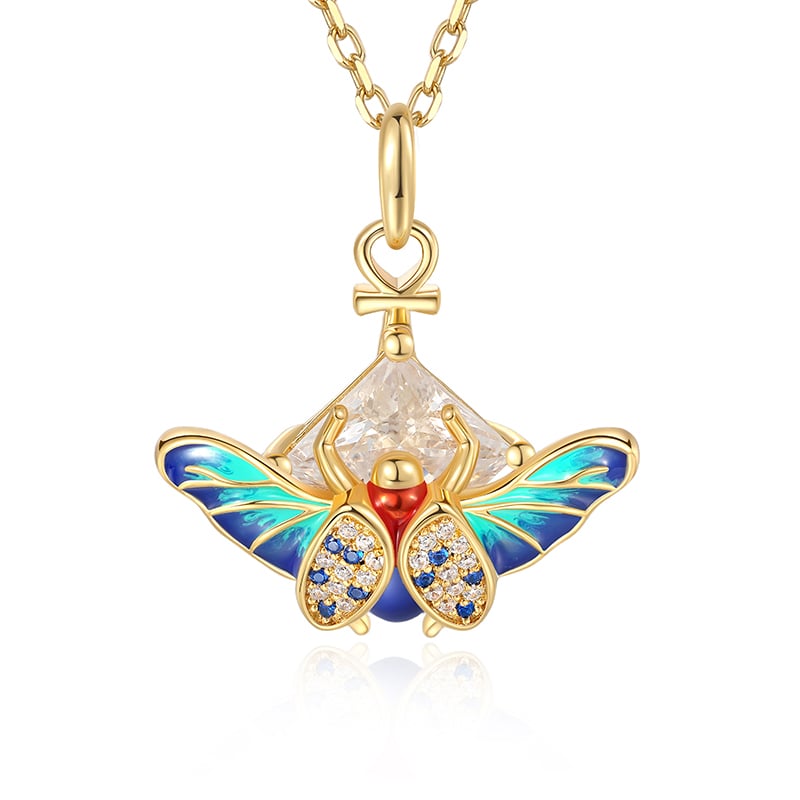 Jeulia "Fearless Heart" Ankh Colorful Saint Beetle Enamel Necklace