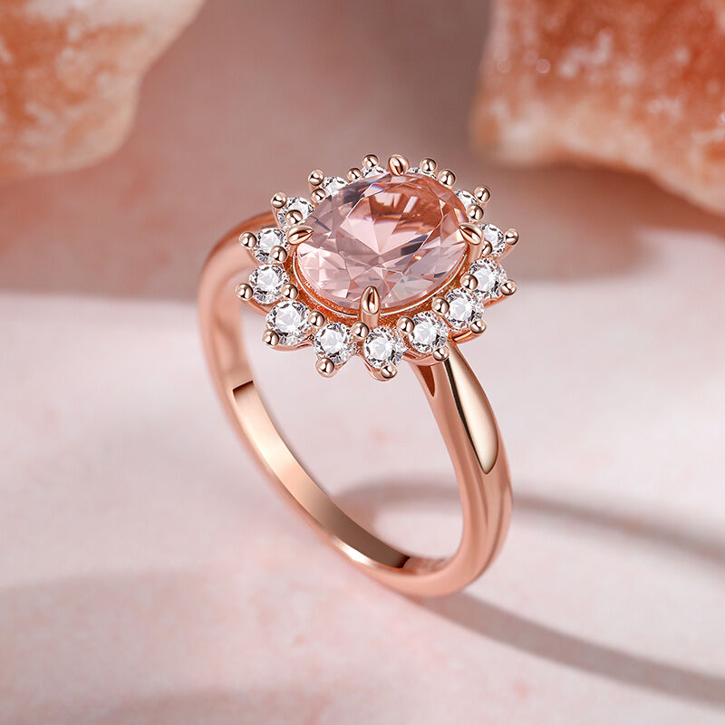 Jeulia Halo Oval Cut Synthetic Morganite Sterling Silver Ring