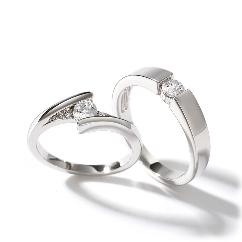 Jeulia Simple Round Solitaire Custom Couple Ring Set Sterling Silver