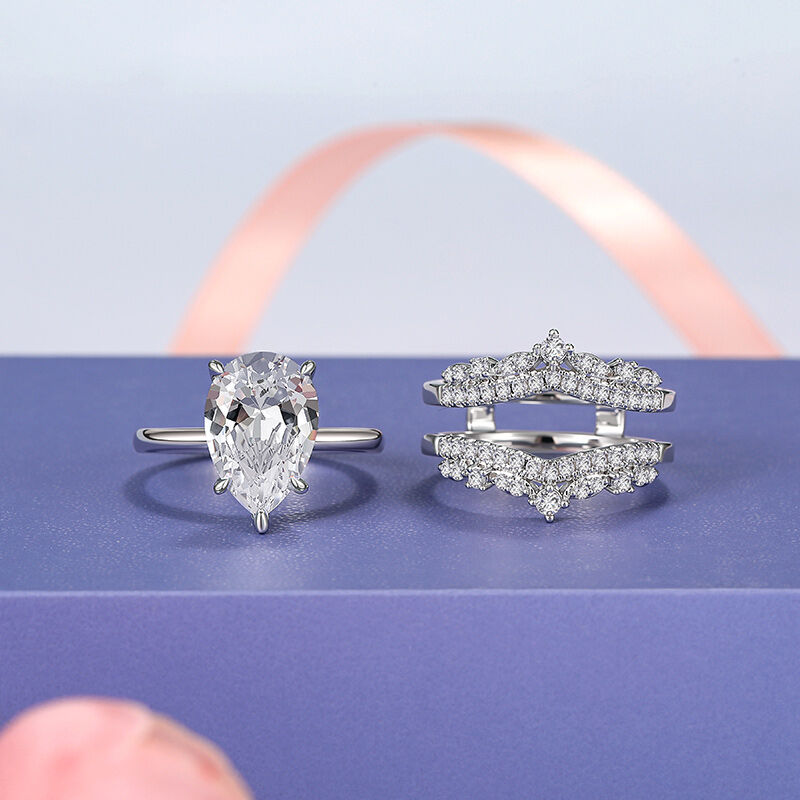 Jeulia Set Anello di Fidanzamento Taglio Pera con Enhancer in Argento Sterling