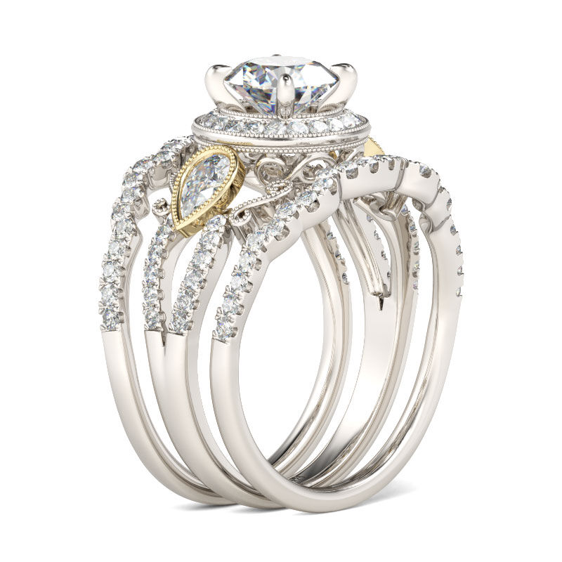 Jeulia Terno De Anillos Con Halo Milgrain De Talla Redonda En Plata De Ley