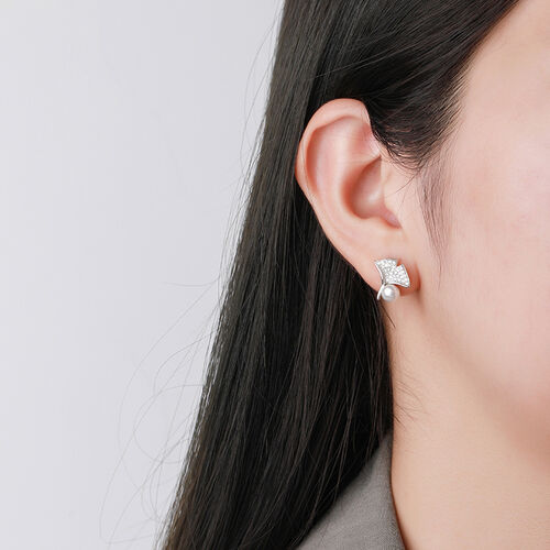 Jeulia Ginkgo Leaf Freshwater Pearl Sterling Silver Stud Earrings