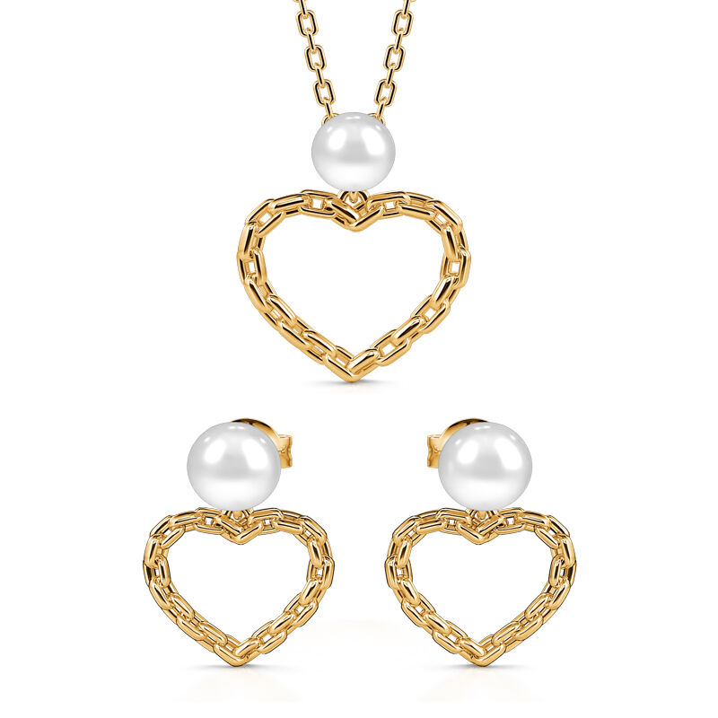 Jeulia "Sweet Chain Heart" Cultured Pearl Sterling Silver Jewelry Set