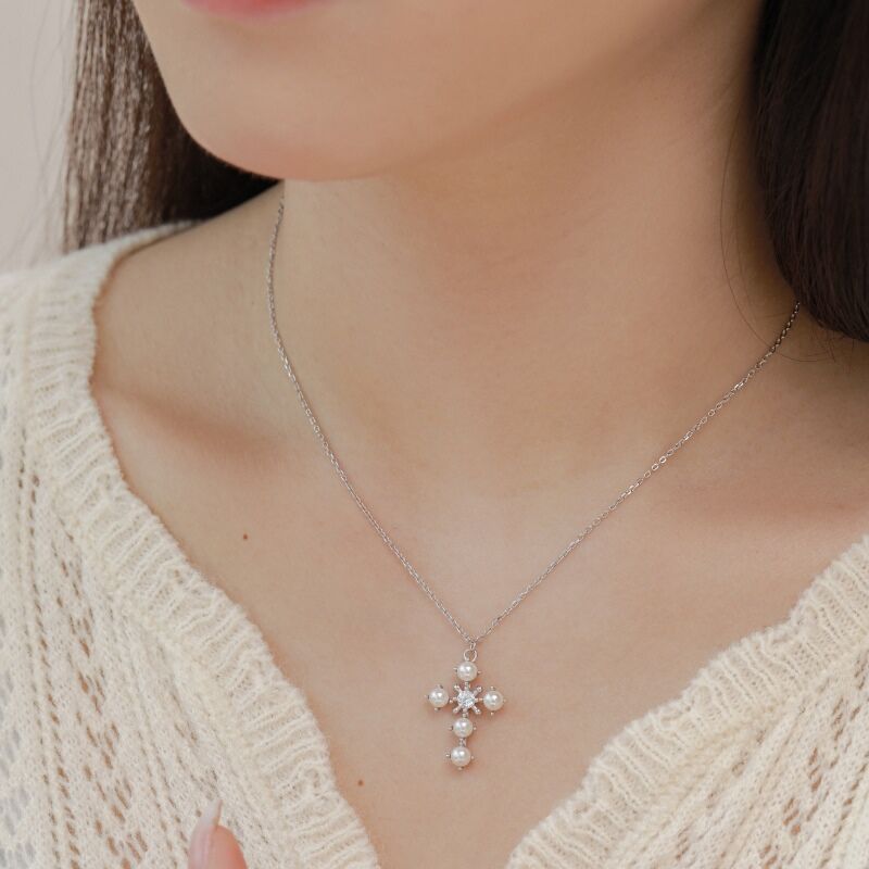 Jeulia Cross Design Pearl Sterling Silver Necklace