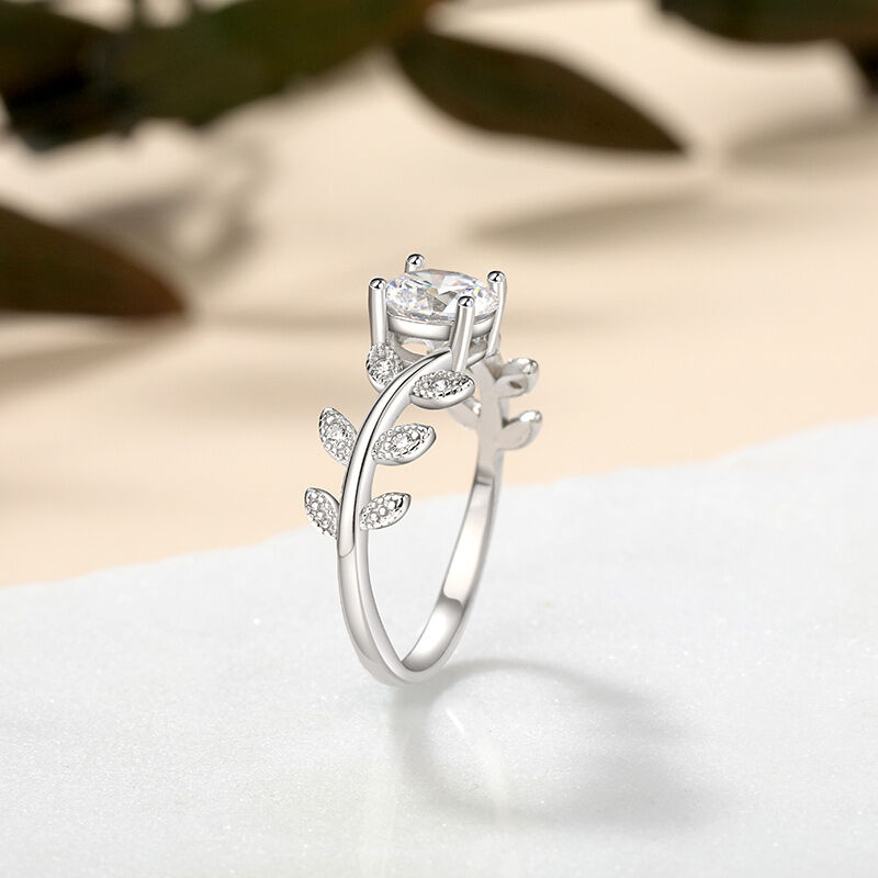 Jeulia Leaf Vine Round Solitaire Engagement Ring Sterling Silver