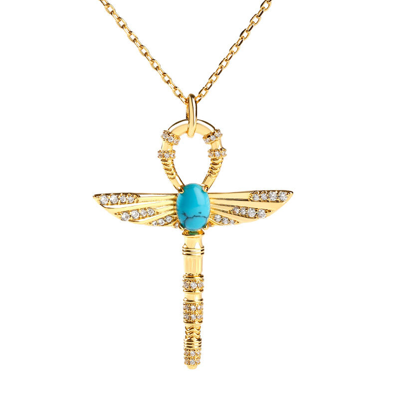 Jeulia "Ankh" Ancient Egyptian Scepter Turquoise Pendant Sterling Silver Necklace