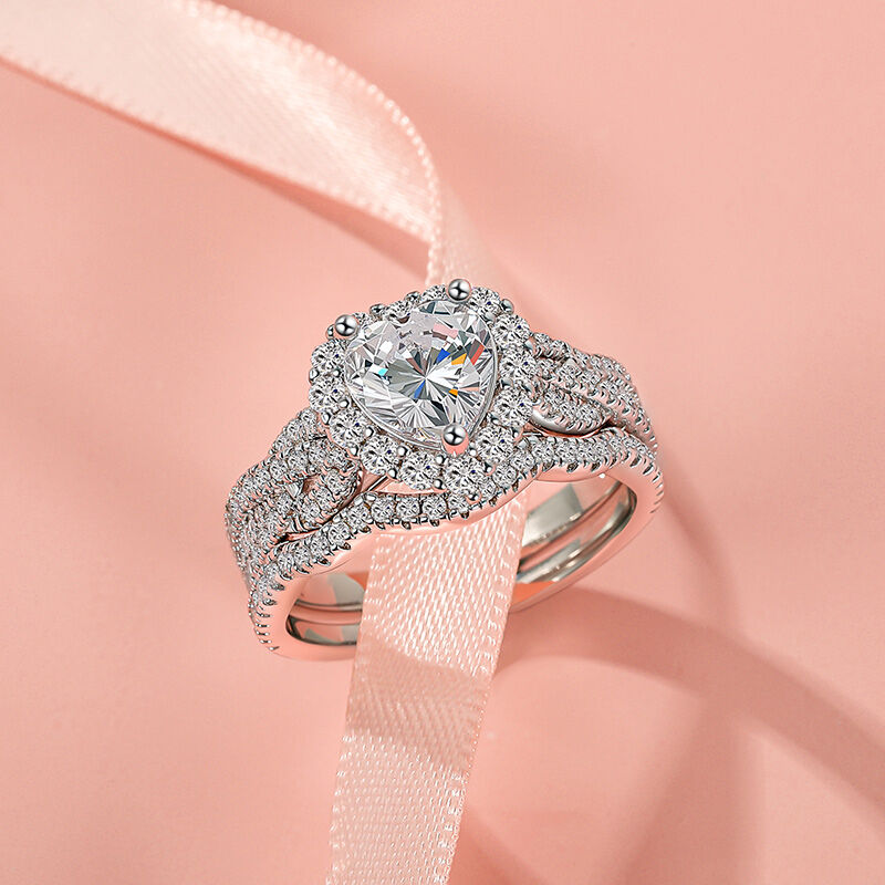 Jeulia Juego de Anillo de Boda Corte de Corazón con Halo Vintage Trenzado en Plata Esterlina