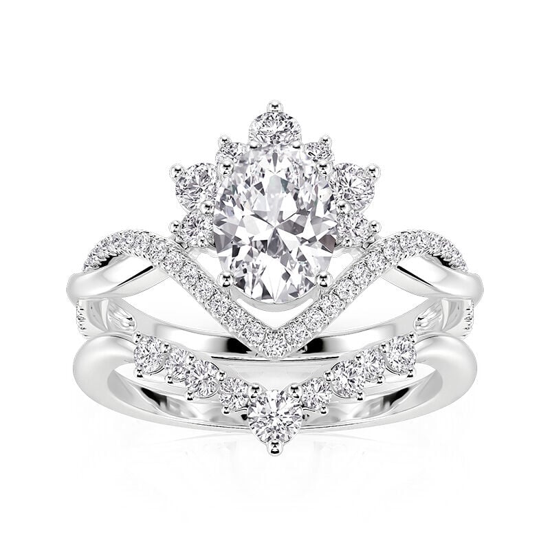 Jeulia Twisted Oval Halo Bridal Ring Set with Cluster Enhancer