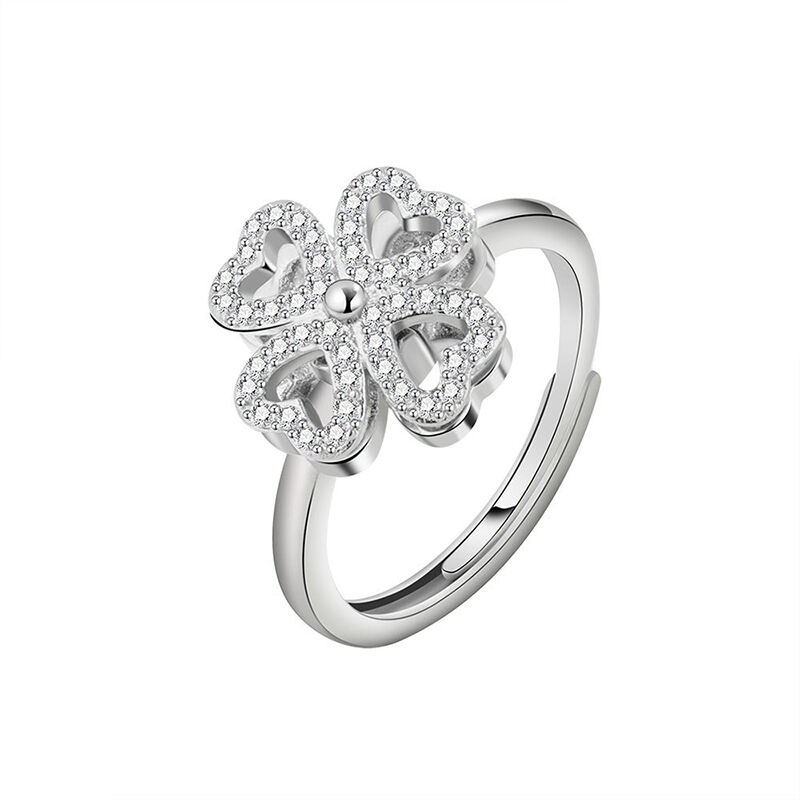 Jeulia Four-leaf Clover Rotating Soothe Sterling Silver Adjustable Open Ring