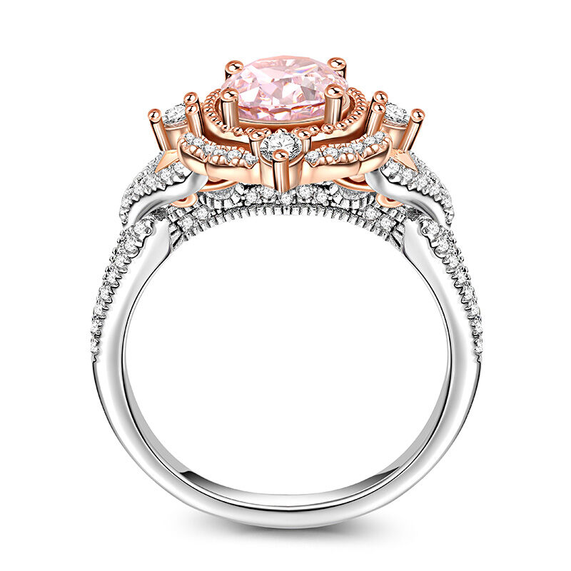 Jeulia "Princess Aura" Two Tone Halo Oval Cut Synthetic Morganite Sterling Silver Ring