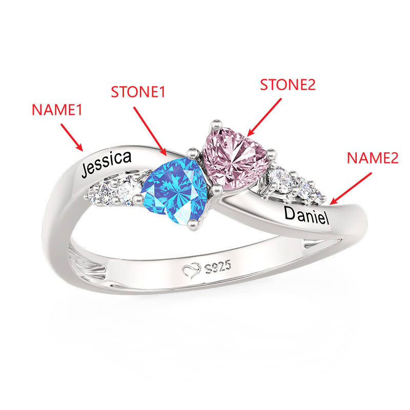 Jeulia Unique Custom Double Heart Ring With Birthstone and Engraving