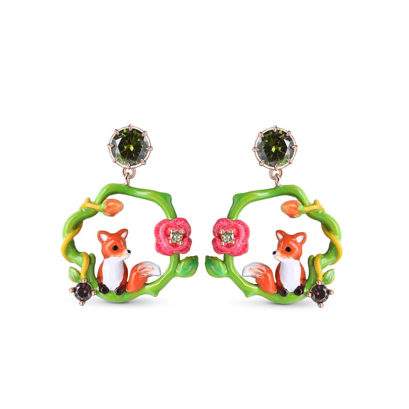Jeulia "Love-in-Idleness" Fox with Flower Enamel Sterling Silver Earrings