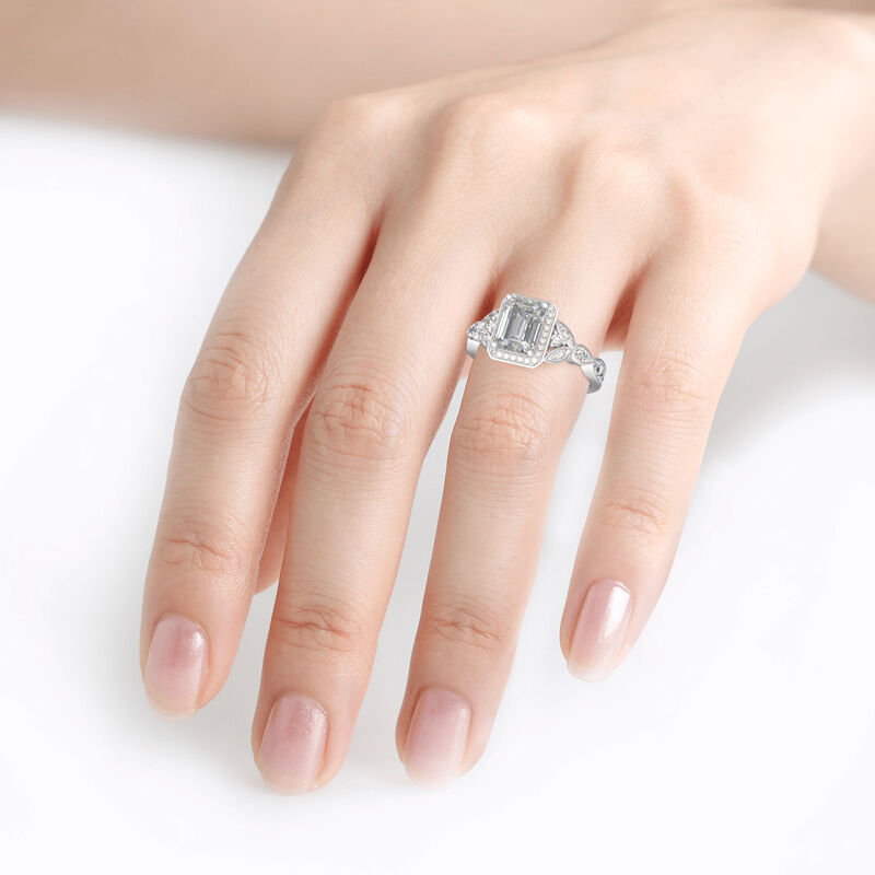 Jeulia Leaf Design Emerald Cut Sterling Silver Ring