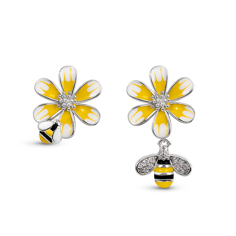 Jeulia "Honey Bee" Flower Enamel Sterling Silver Mismatched Earrings