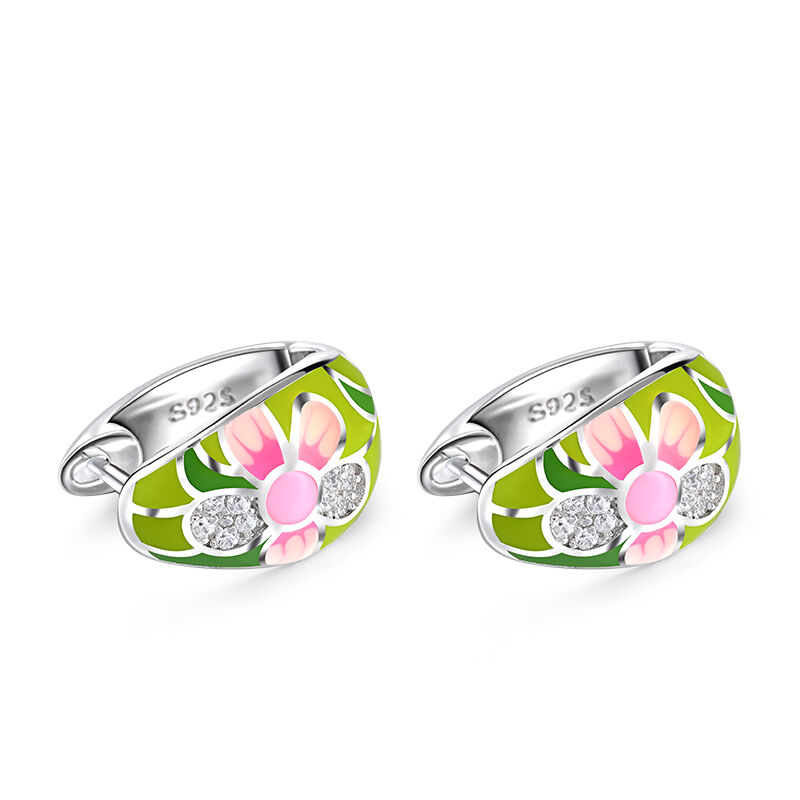 Jeulia Pendientes para Mujer Verde Flor Esmalte Plata de Ley