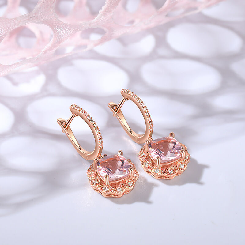 Jeulia Milgrain Halo Orecchini pendenti con morganite sintetica con taglio a cuscino in argento sterling