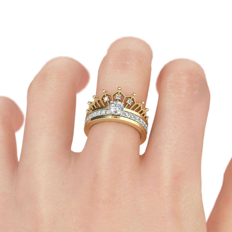 Jeulia Two Tone Crown Round Cut Sterling Silver Ring set