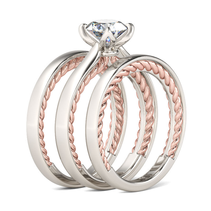 Jeulia Two Tone Rope Design Round Cut Sterling Silver Ring Set