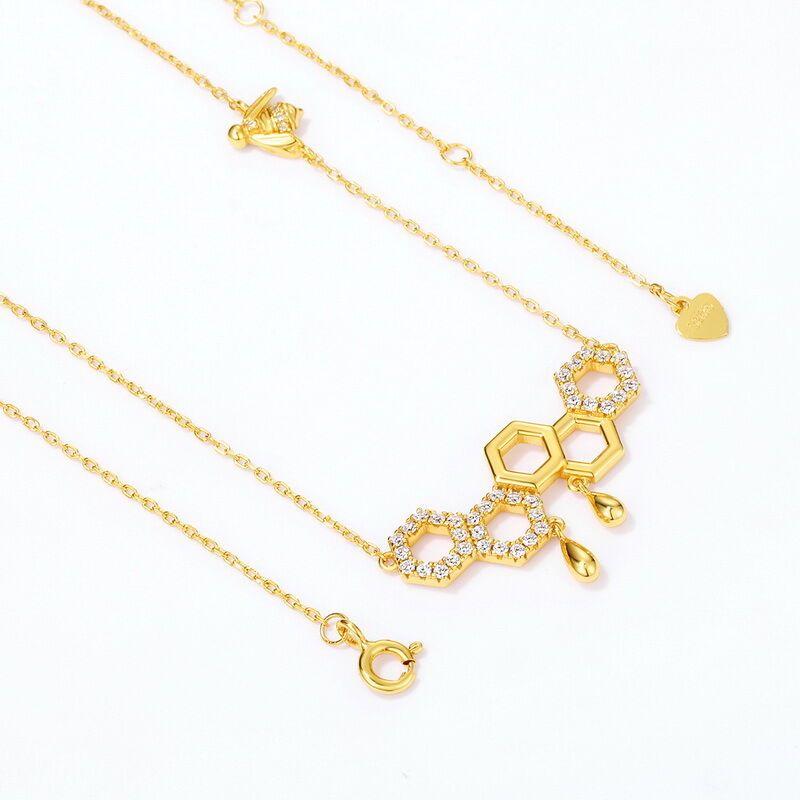 Jeulia "Bee My Honey" Honeycomb Gold Tone Sterling Silver Necklace