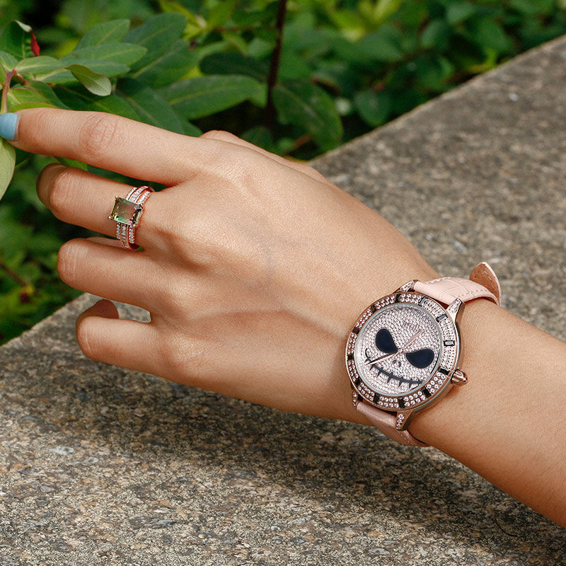 جوليا ساعة يد جمجمة كوارتز جلدية لون وردي النسائية بأسلوب"هيكل القيامة"
