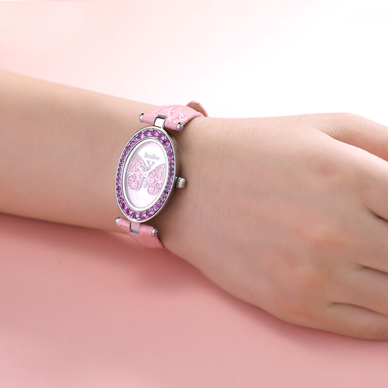 Jeulia "Fluttering Moment" Butterfly Quartz Pink Leather Watch with Mother of Pearl Dial