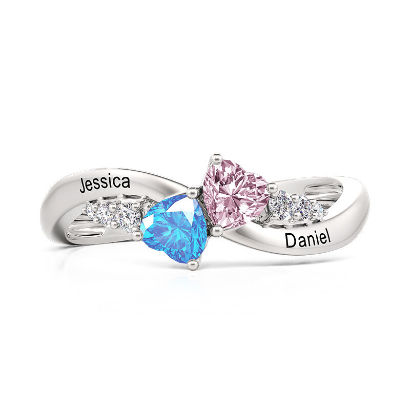 Jeulia Unique Custom Double Heart Ring With Birthstone and Engraving