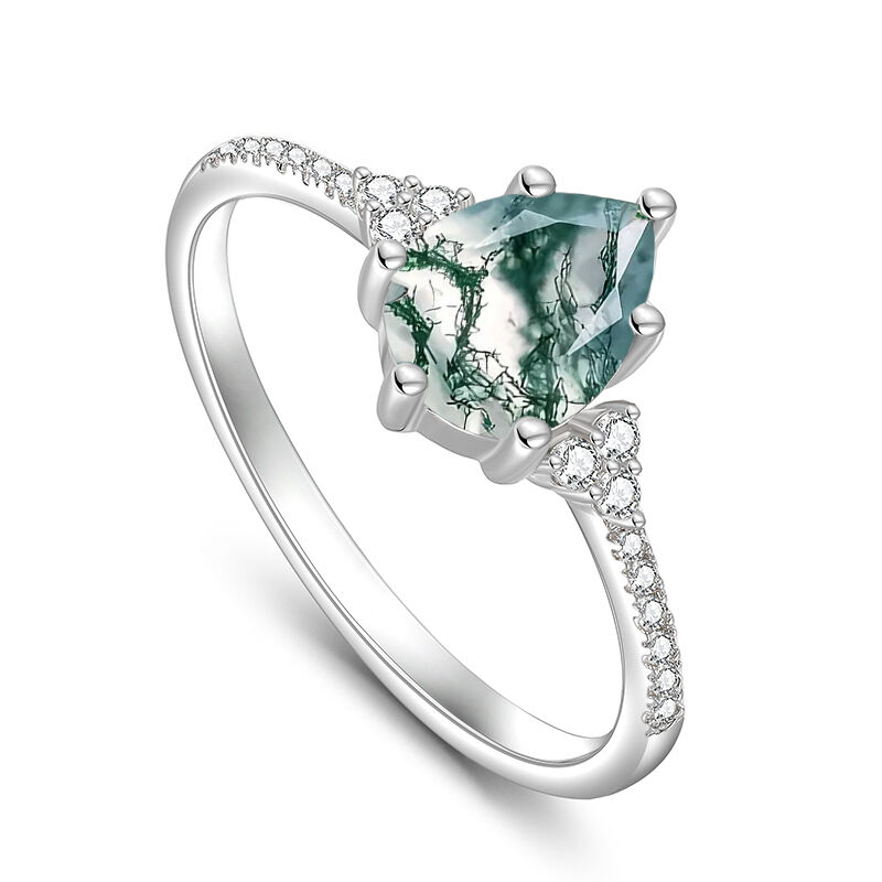 Jeulia Anello di Fidanzamento con Taglio di Pera di Agata Muschio Naturale Argento Sterling