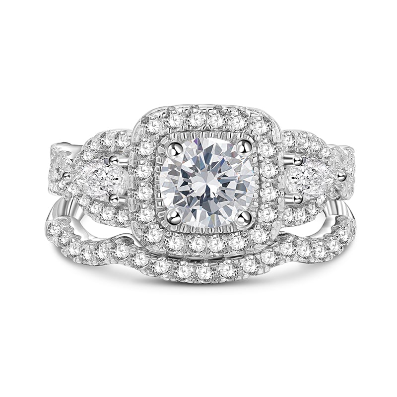 Jeulia Halo Three Stone Engagement Ring Set Pave Setting Sterling Silver