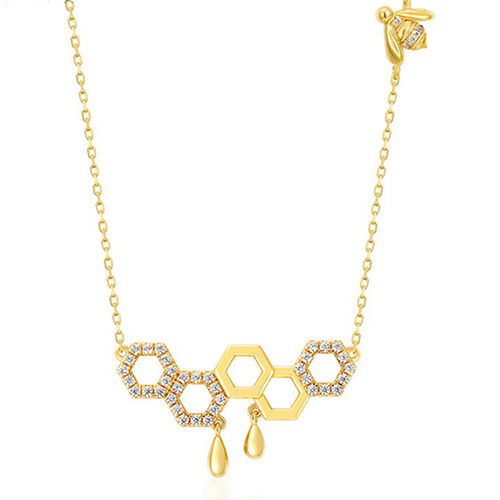 Jeulia "Bee My Honey" Honeycomb Gold Tone Sterling Silver Necklace