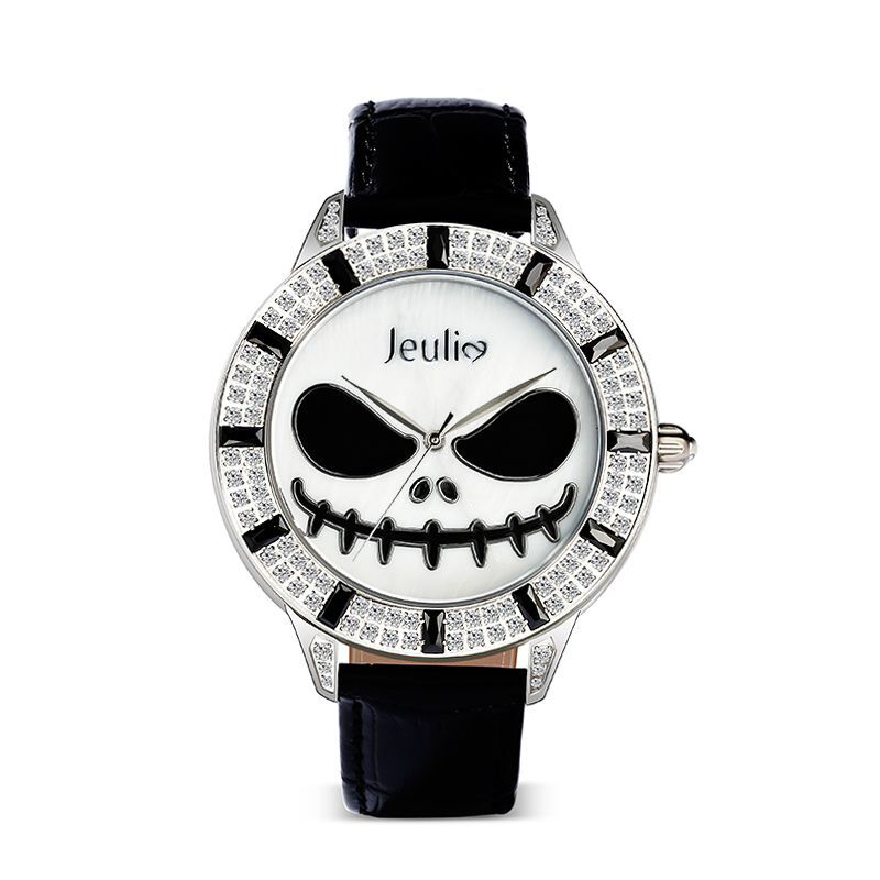 Jeulia "King of Halloween Town" Skull Design Quartz Black Leather Watch with Mother-of-Pearl Dial