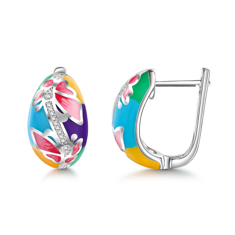 Jeulia "Natural Beauty" Butterfly & Flower Enamel Sterling Silver Hoop Earrings