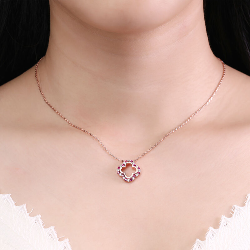 Jeulia "Dream Pink" Clover Necklace Hollow out Silver