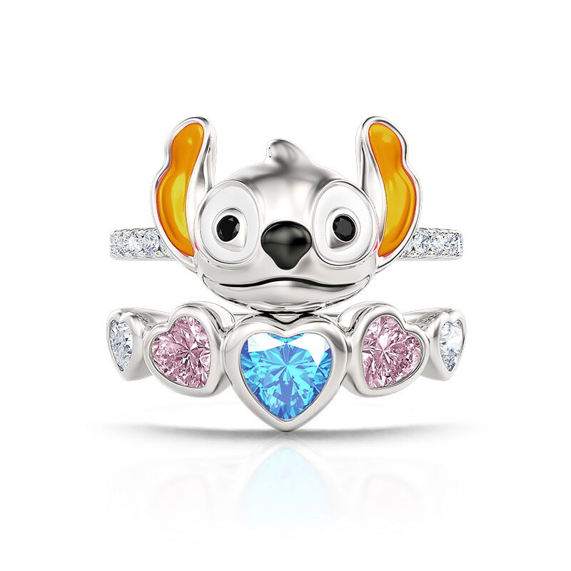 Jeulia Cute Little Monster Heart Ring Set Colorful Sterling Silver