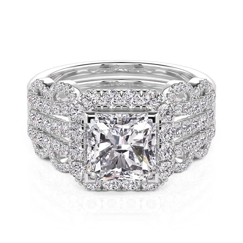 Jeulia Flower Leaf Halo Square Asscher Cut Engagement Ring Set