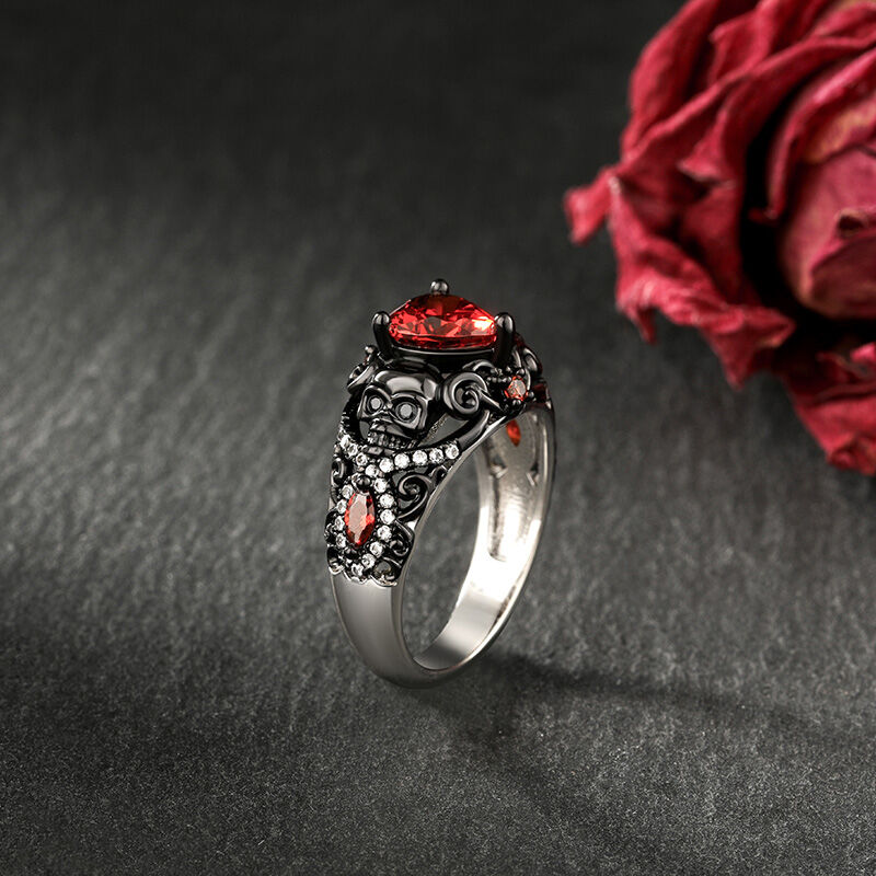 Jeulia Black Twist Ruby Heart Skull Ring Sterling Silver