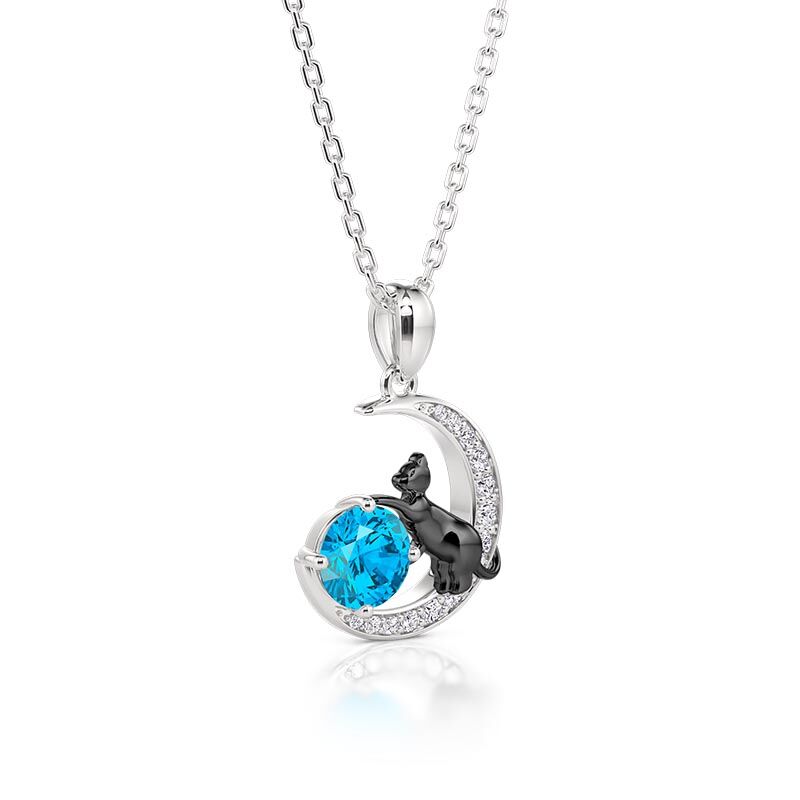 Jeulia Collar Personalizado con Gato Negro en la Luna con Piedra Natal de Plata Esterlina